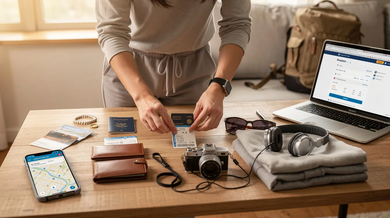 A person is at home, surrounded by travel items, a phone, and a laptop, as they prepare for their next trip. They seem focused on planning, possibly comparing flight prices and searching for cheap flights and rental car deals.