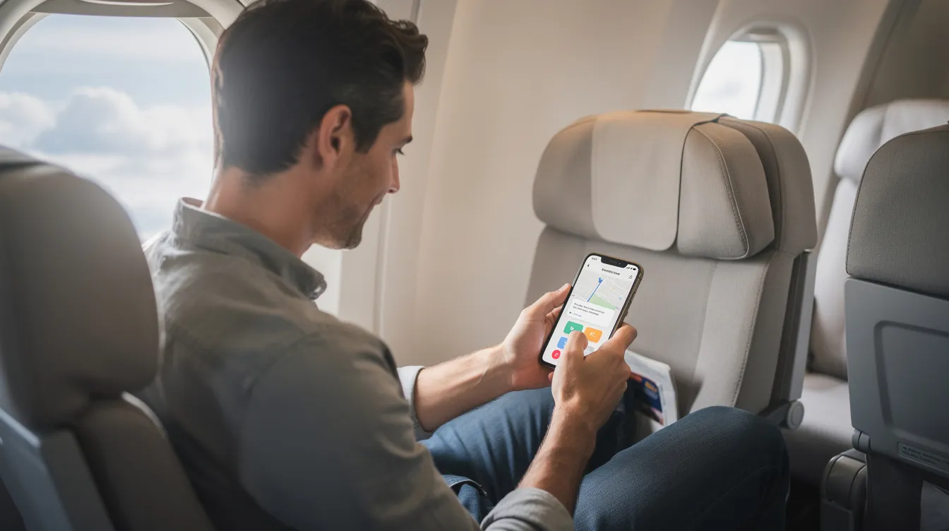 A calm passenger on an airplane is using a smartphone app to check flight prices and plan their next trip, showcasing a relaxed flying experience. The app serves as a great tool for booking flights and tracking flight paths, enhancing their travel experience.