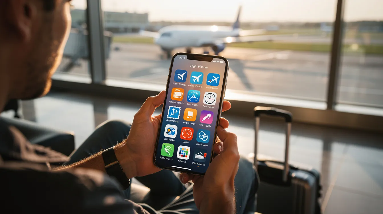 The image showcases a smartphone displaying various flight booking apps, highlighting features like flight prices, price alerts, and offline maps. It illustrates how these apps serve as a one-stop shop for travelers to book flights, track their journey, and find inspiration for spontaneous trips.