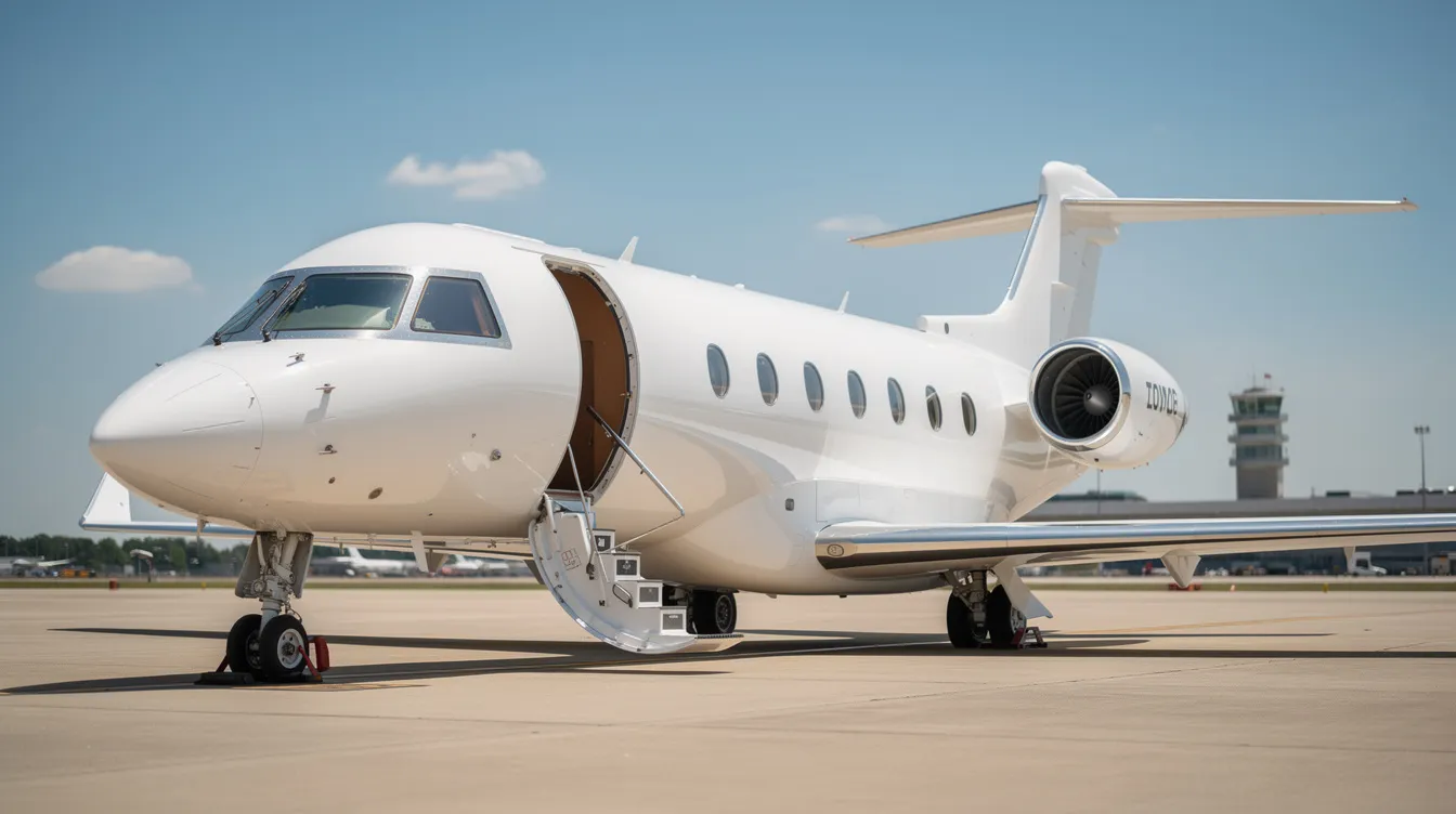 A sleek private jet is parked on the tarmac with its boarding stairs extended, ready for private jet passengers to embark on their journey. The clear blue sky in the background highlights the luxury of private aviation and the convenience of private jet travel.