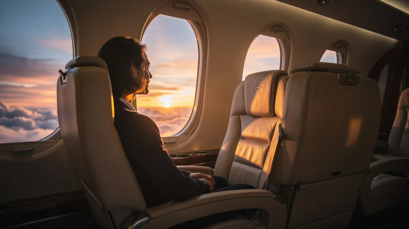 A passenger gazes out of a private jet window, watching the clouds illuminated by the vibrant colors of sunset. This moment captures the serene experience of private jet travel, offering a glimpse into the luxurious lifestyle of private aviation.