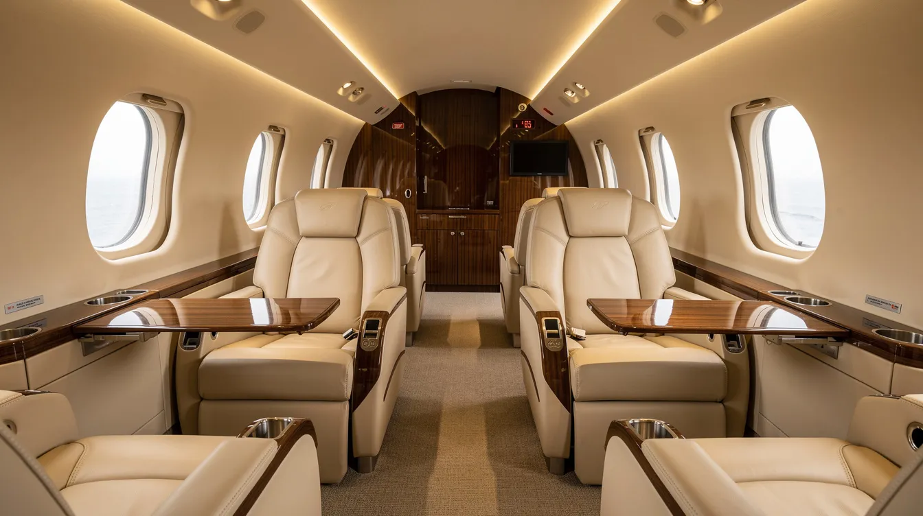 The image showcases a luxurious private jet cabin interior, featuring plush cream leather seats and elegant wood accents, designed for the comfort of private jet passengers. This opulent setting highlights the personalized service and onboard amenities that make private jet travel a preferred choice for business and leisure travelers.