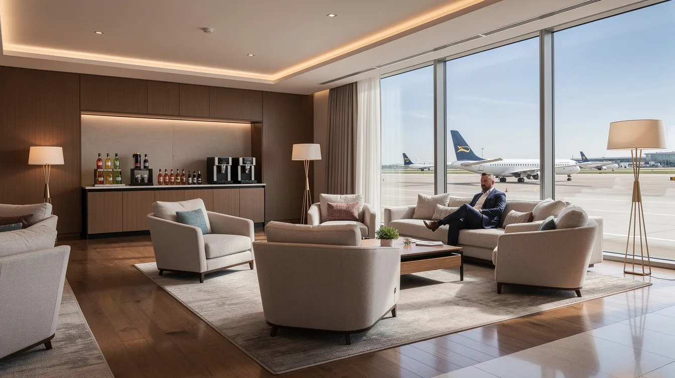 The image depicts an elegant private terminal lounge designed for private jet passengers, featuring comfortable seating and large windows that provide a view of the tarmac. This space offers a luxurious environment for business and leisure travelers awaiting their private jet charter flights.