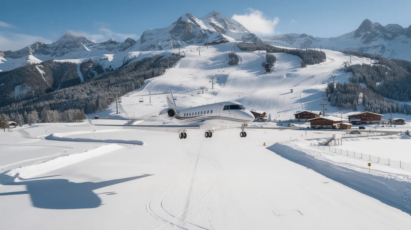 A small private jet is landing at a snow-covered mountain airport, with ski slopes visible in the background, showcasing the appeal of private jet travel for winter sports enthusiasts. This picturesque scene highlights the convenience of private jet charter flights to remote destinations.