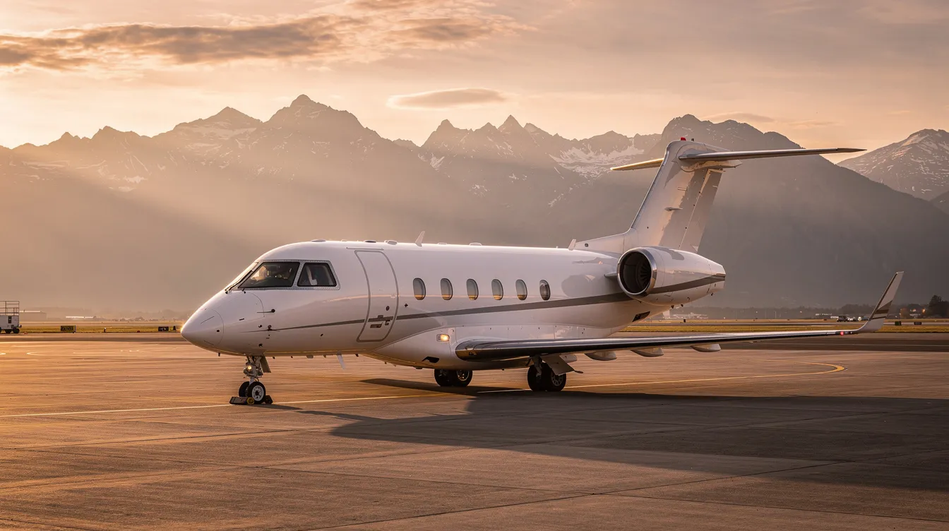A sleek white private jet is parked on a tarmac during golden hour, with majestic mountains in the background. This image captures the essence of private aviation, highlighting the luxurious appeal of private jet travel.