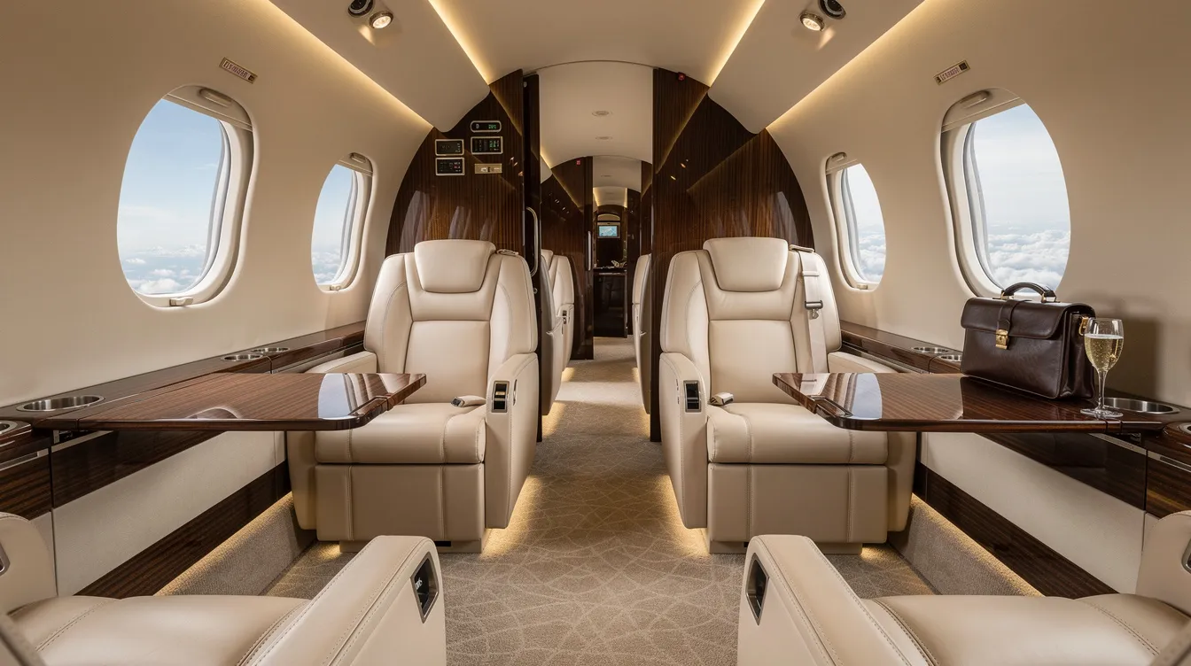 The image depicts the luxurious interior of a private jet cabin, featuring cream leather seats and elegant wood grain accents, highlighting the comfort and sophistication of private jet travel. This inviting space is designed for relaxation during a private jet flight, making it an ideal choice for those seeking a premium travel experience.