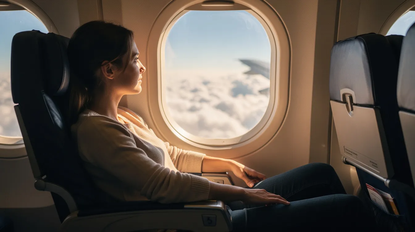 A person is relaxing on an airplane, gazing out the window at a beautiful expanse of fluffy clouds below. The scene captures the essence of flight, evoking a sense of calm and wonder as the aircraft soars through the sky.