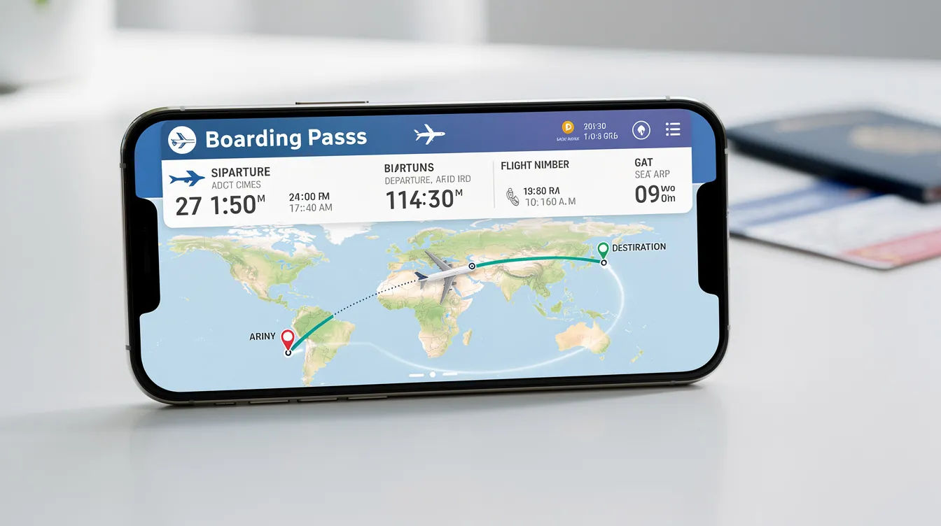 A smartphone screen displays flight details, including the flight number, departure airport, and live flight tracker information, allowing users to monitor flight status and route on a clear map. The interface provides alerts for delays and cancellations, ensuring travelers stay informed about their journey.