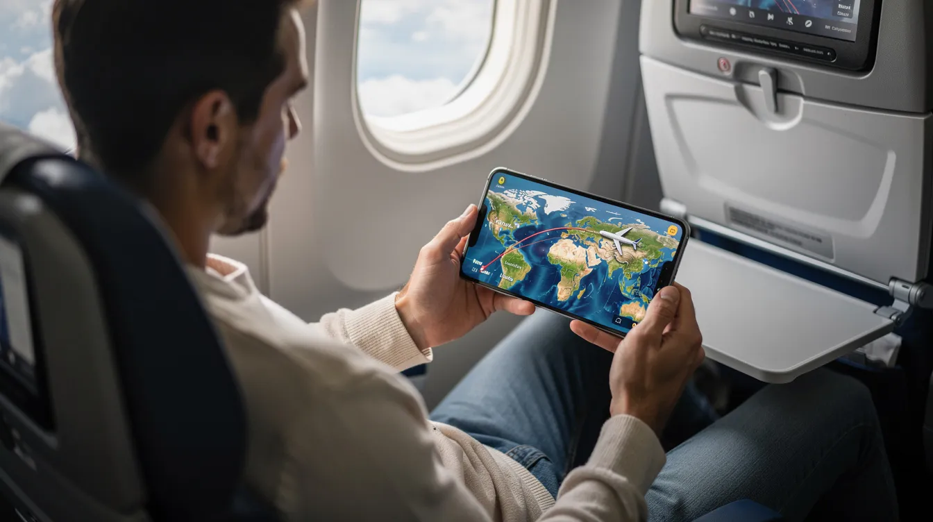 A passenger is seated comfortably while looking at a smartphone displaying a flight map, likely using a flight tracker app to monitor flight details such as the flight number and status. The screen shows the route, altitude, and other essential flight information, providing a live update on their journey.