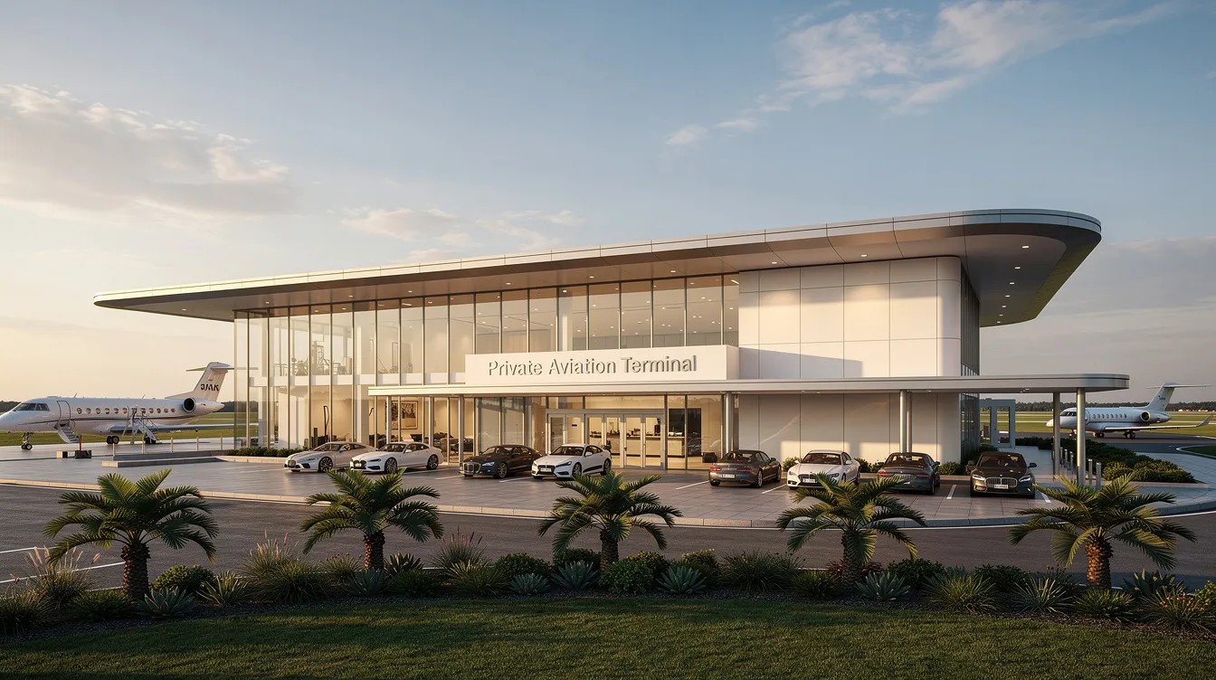 The image showcases the exterior of a sleek, modern private aviation terminal building, designed to accommodate private jet travel with luxurious amenities. This facility serves as a hub for private jet charter services, offering travelers a more efficient alternative to commercial flights.