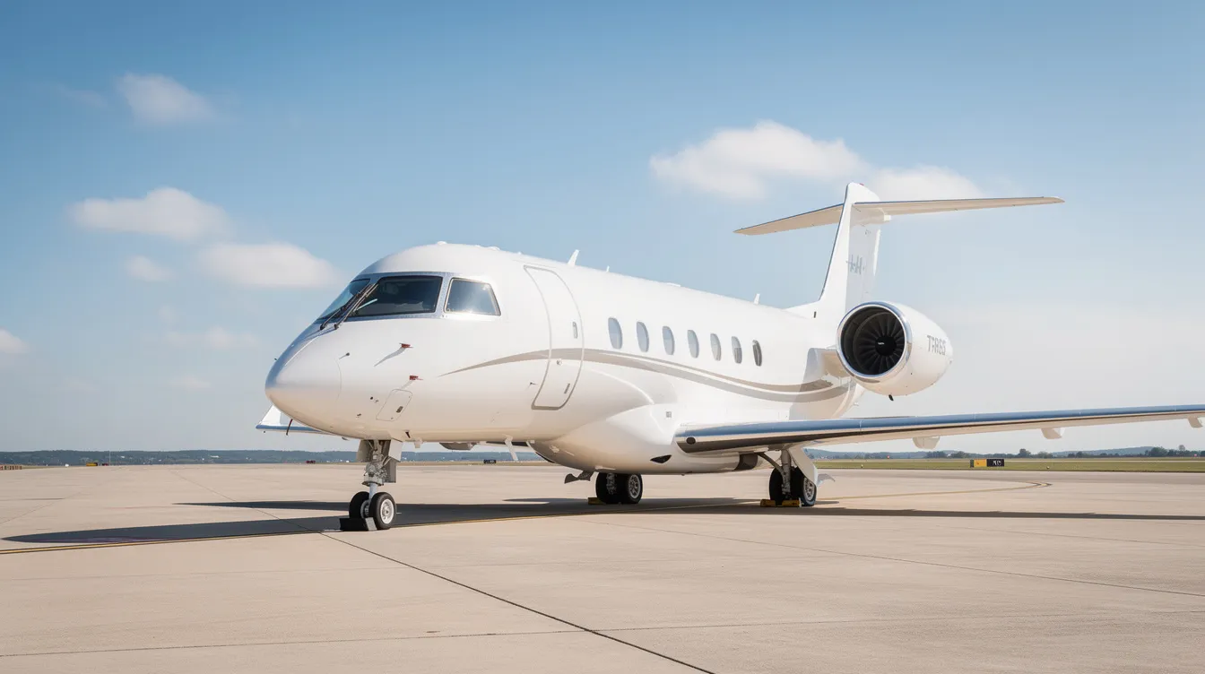 A sleek white private jet is parked on an airport tarmac under a clear blue sky, showcasing the elegance of private aviation. This scene highlights the luxurious amenities and flexibility of private jet travel, offering a cost-effective alternative to commercial flights.