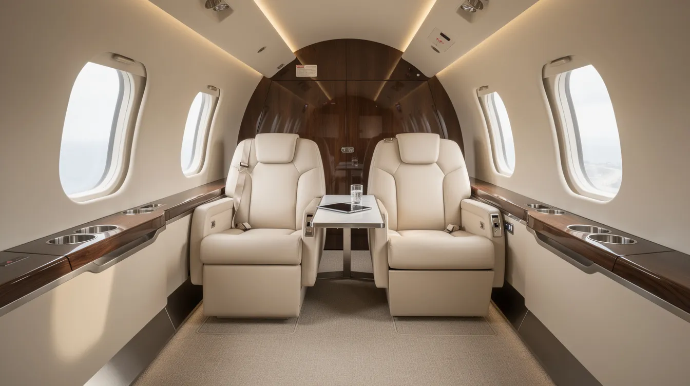 The image shows the interior of a luxurious light jet cabin featuring plush leather seats, designed for comfort during private jet travel. This space exemplifies the elegance and amenities offered by private aviation, making it an ideal choice for business trips or those seeking a cost-effective alternative to commercial flights.