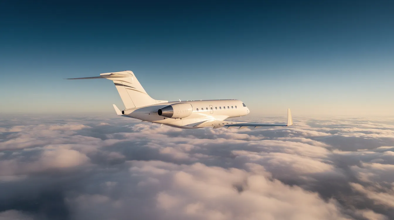 A private jet soars gracefully above a blanket of fluffy white clouds under a clear blue sky, symbolizing the luxury and convenience of private aviation. This image captures the essence of private jet travel, highlighting the seamless experience of flying privately compared to commercial flights.