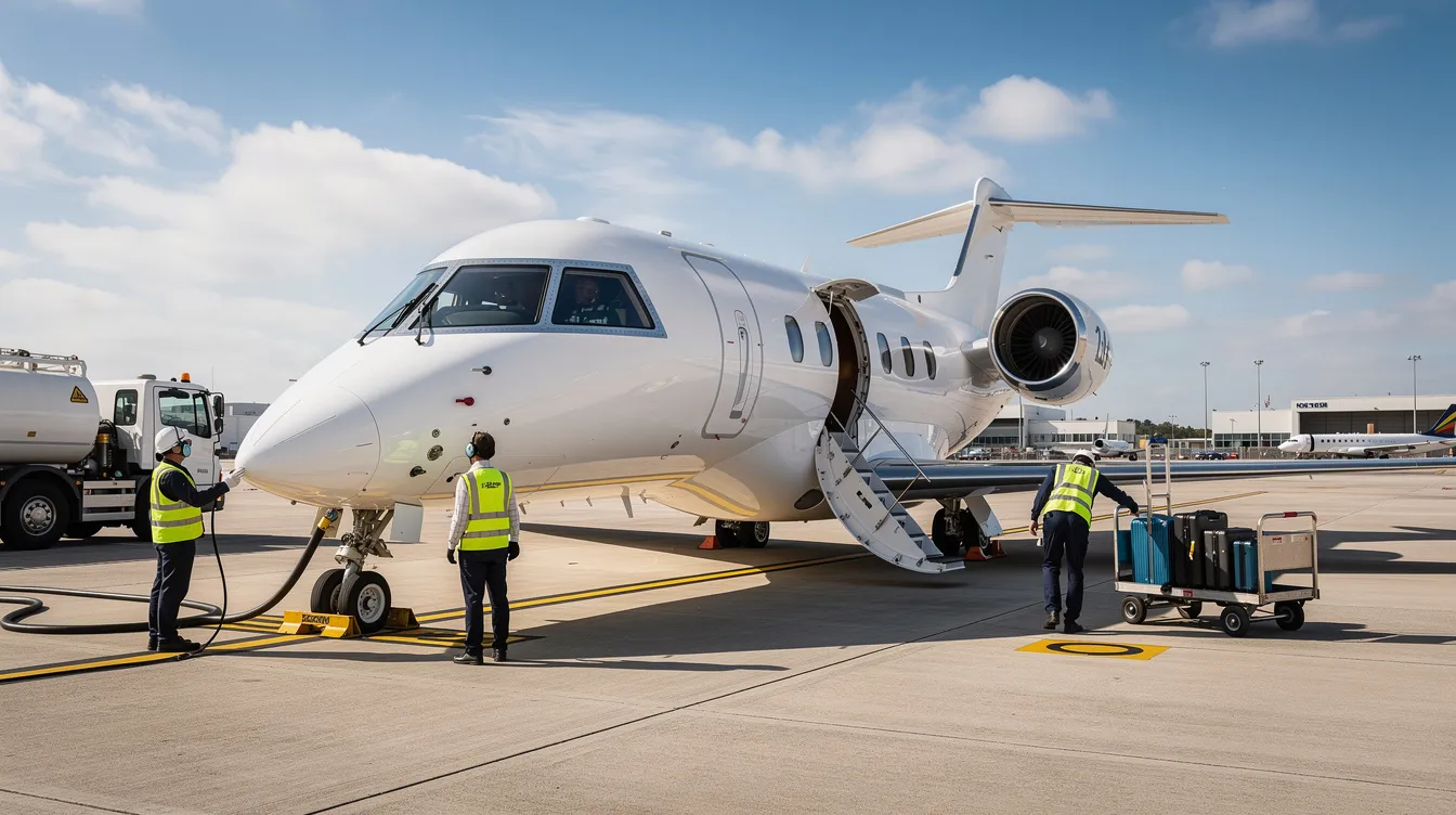 A sleek private jet is parked on the tarmac, with ground crew members preparing it for departure, showcasing the seamless private jet charter experience. The aircraft represents the luxury and convenience of private aviation, making it an ideal choice for business and leisure travel.