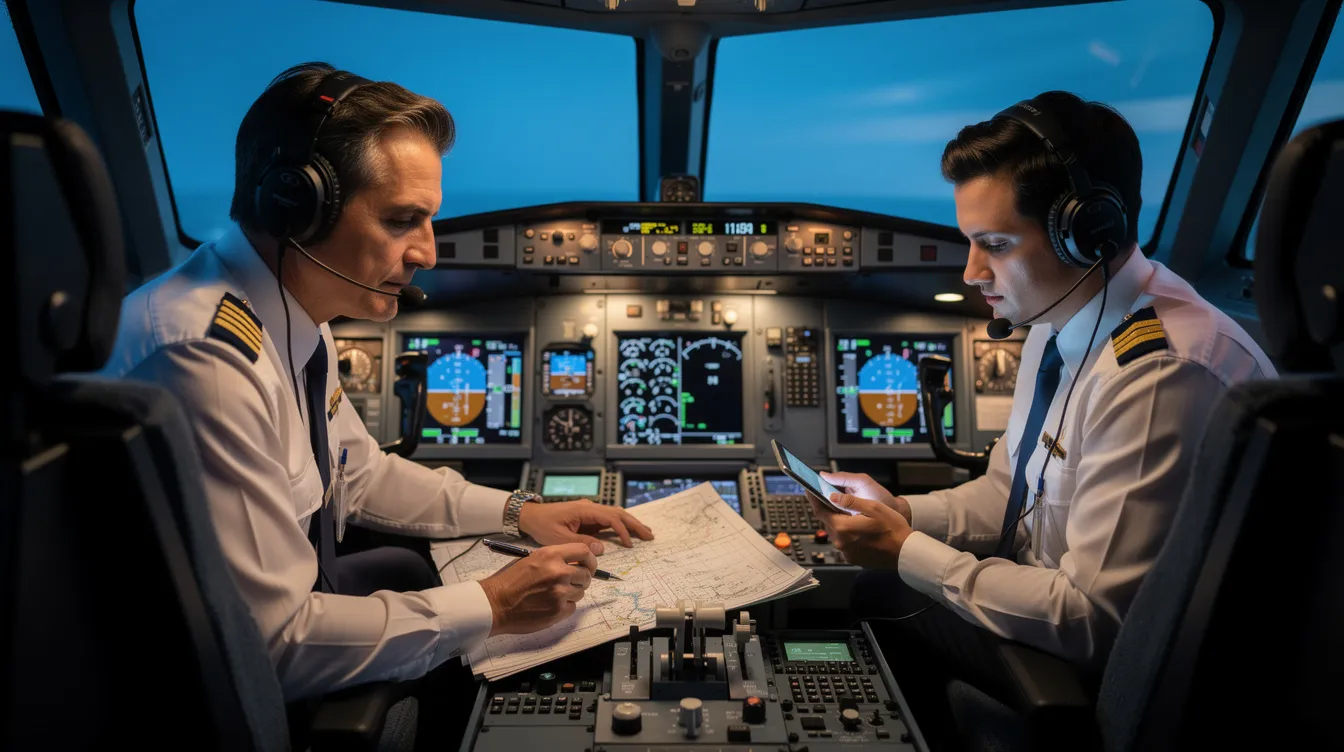 Two professional pilots are seated in a cockpit, intently reviewing flight instruments and charts as part of the private jet flight preparation. Their focus reflects the meticulous nature of private aviation, ensuring a safe and efficient journey for passengers.