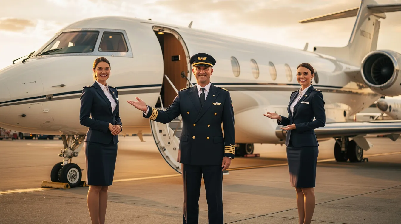 A luxury private jet is parked on the tarmac, with a pilot and attendants welcoming passengers for a seamless travel experience. This inviting scene highlights the convenience and comfort of private jet travel, providing access to exclusive charter flights and private terminals.