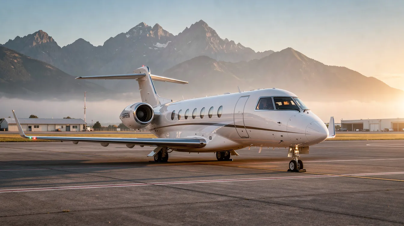 A sleek private jet is parked on a quiet tarmac at a small private airport, with majestic mountains in the background, emphasizing the luxury and exclusivity of private jet travel. This serene setting highlights the convenience of private jet charters, providing seamless access to remote destinations without the hassle of commercial flights.