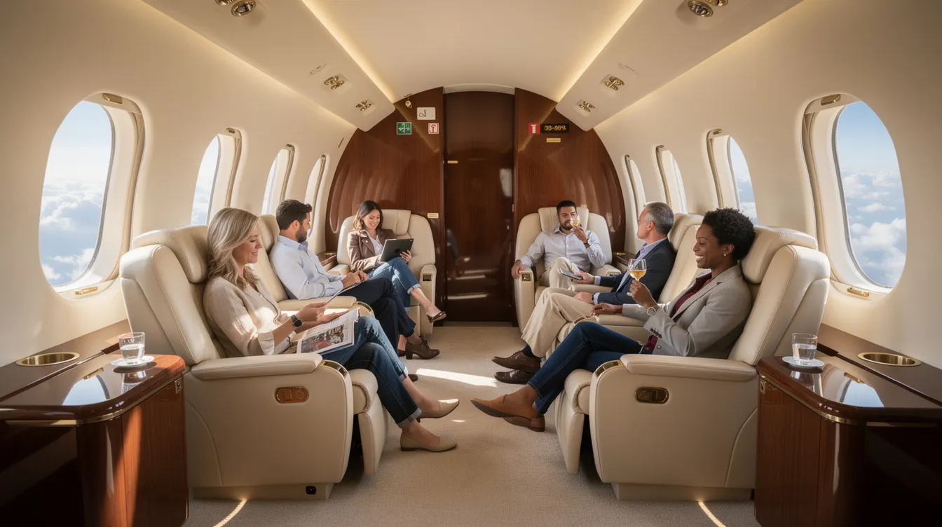 The image depicts passengers relaxing in a spacious private jet cabin, featuring large windows that reveal a view of fluffy clouds outside. The comfortable flight environment is ideal for business travelers, providing ample cabin space for up to six passengers while enjoying the amenities of private aviation.