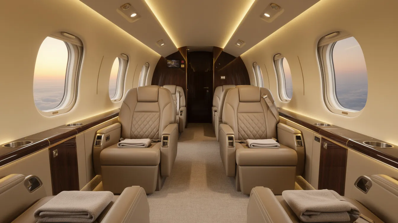 The image showcases the luxurious interior of a heavy jet, featuring lie-flat seats and ambient lighting that enhances the spacious cabin atmosphere. This private aircraft is designed for comfort, making it ideal for business travelers seeking a comfortable flight experience.