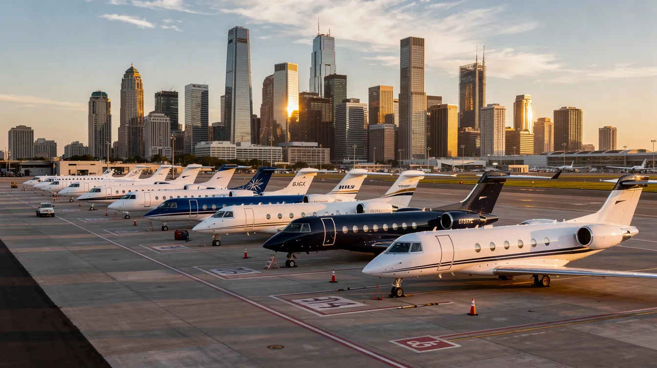 A variety of private jets, including light jets, midsize jets, and ultra long range jets, are lined up on a tarmac in a city, showcasing the different types of private aircraft available for business travelers. The scene highlights the spacious cabins and advanced avionics that make these jets ideal for comfortable private travel.