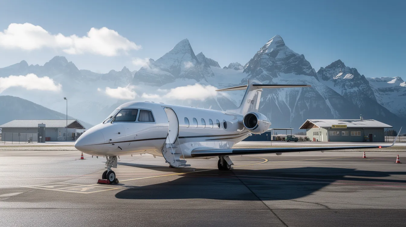 A small private jet is parked on the tarmac of a mountain airport, with stunning snow-capped peaks in the background, showcasing the beauty of private aviation. This scene highlights the ideal aircraft for business travelers, offering a comfortable flight experience amidst breathtaking scenery.