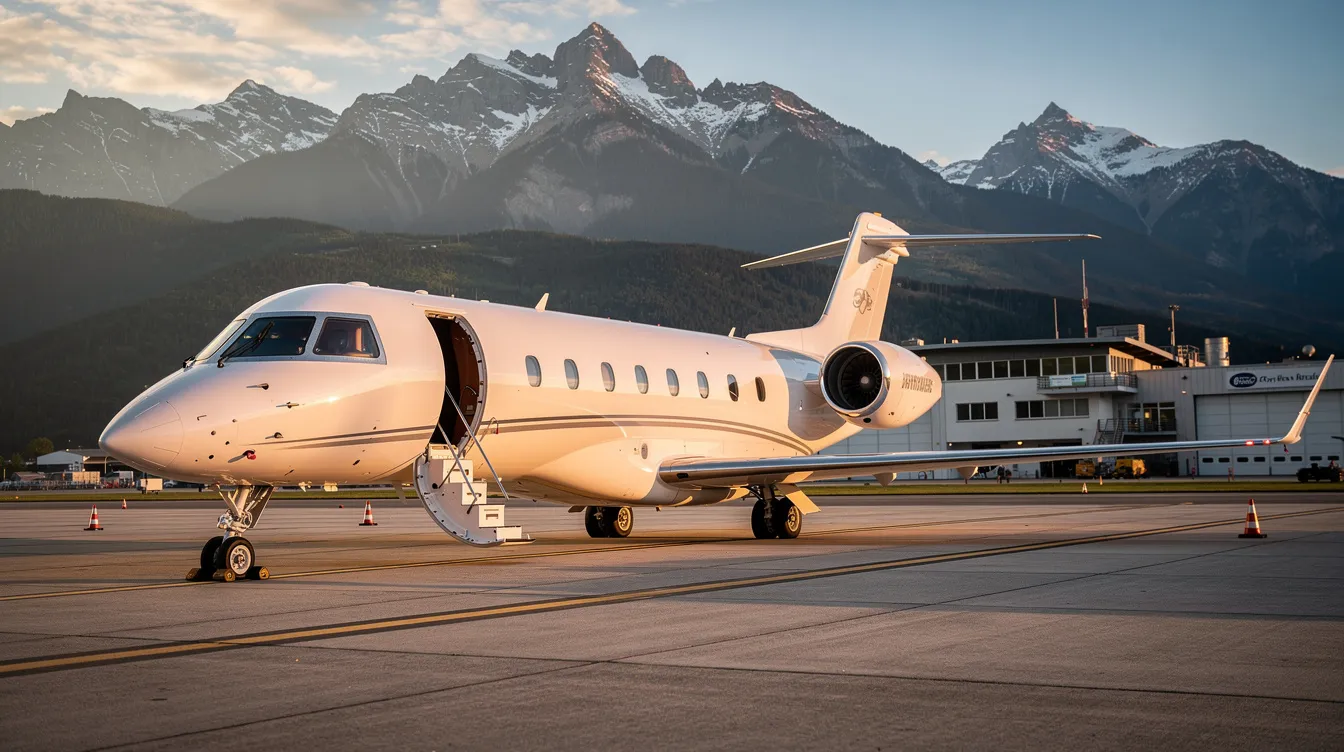 A sleek private jet is parked on the tarmac of a small regional airport, with majestic mountains in the background, highlighting the luxury and convenience of private jet travel. This scene captures the essence of private aircraft, offering ultimate flexibility for passengers traveling to non-standard locations.