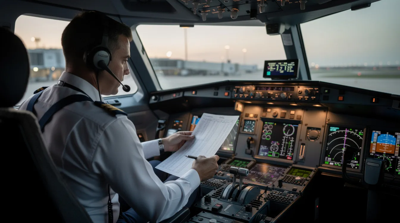 Two pilots are seated in the cockpit of a private jet, intently reviewing flight plans and charts as they prepare for takeoff. The scene captures the focus and professionalism required in aviation, highlighting the importance of planning for private jet travel to ensure a smooth journey to their final destination.