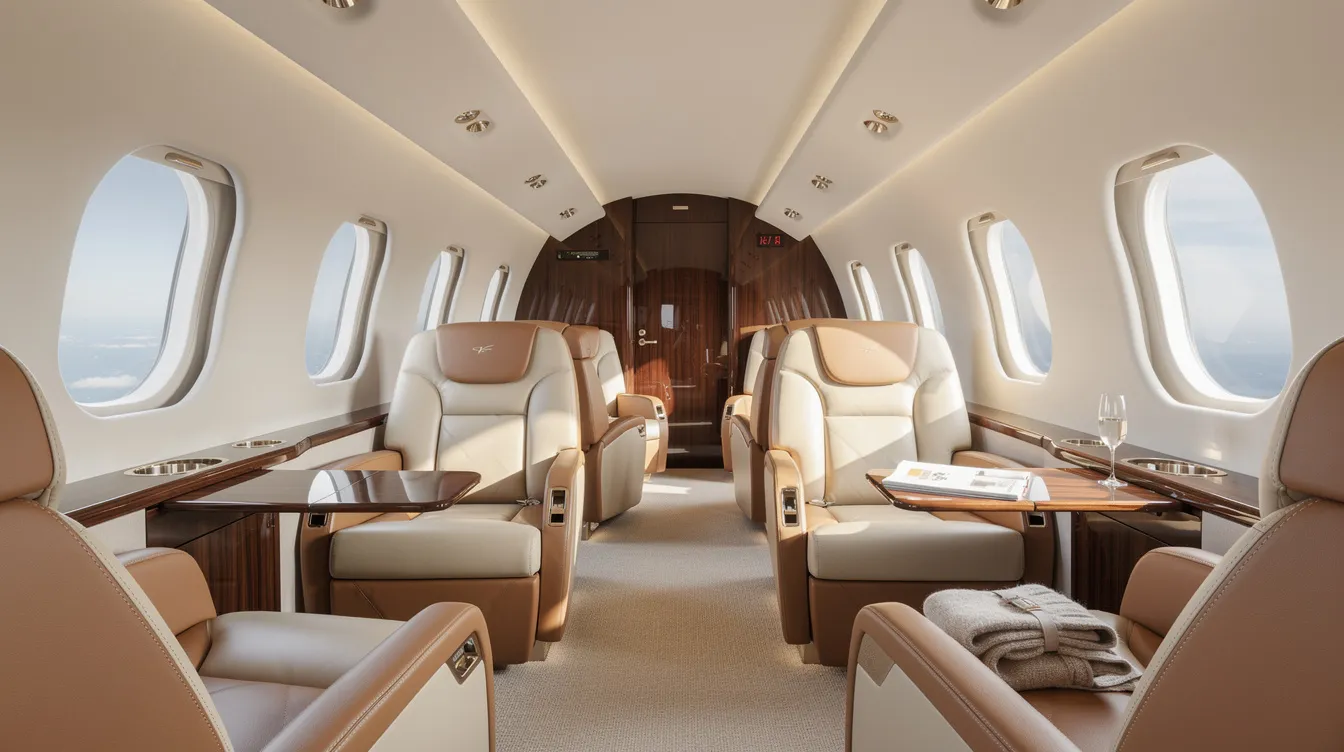 The image depicts the luxurious interior of a private jet cabin, featuring plush leather seating arranged for comfort and bathed in natural light from large windows. This elegant space is designed for air transportation, ensuring a relaxing environment for all passengers aboard the aircraft charter.