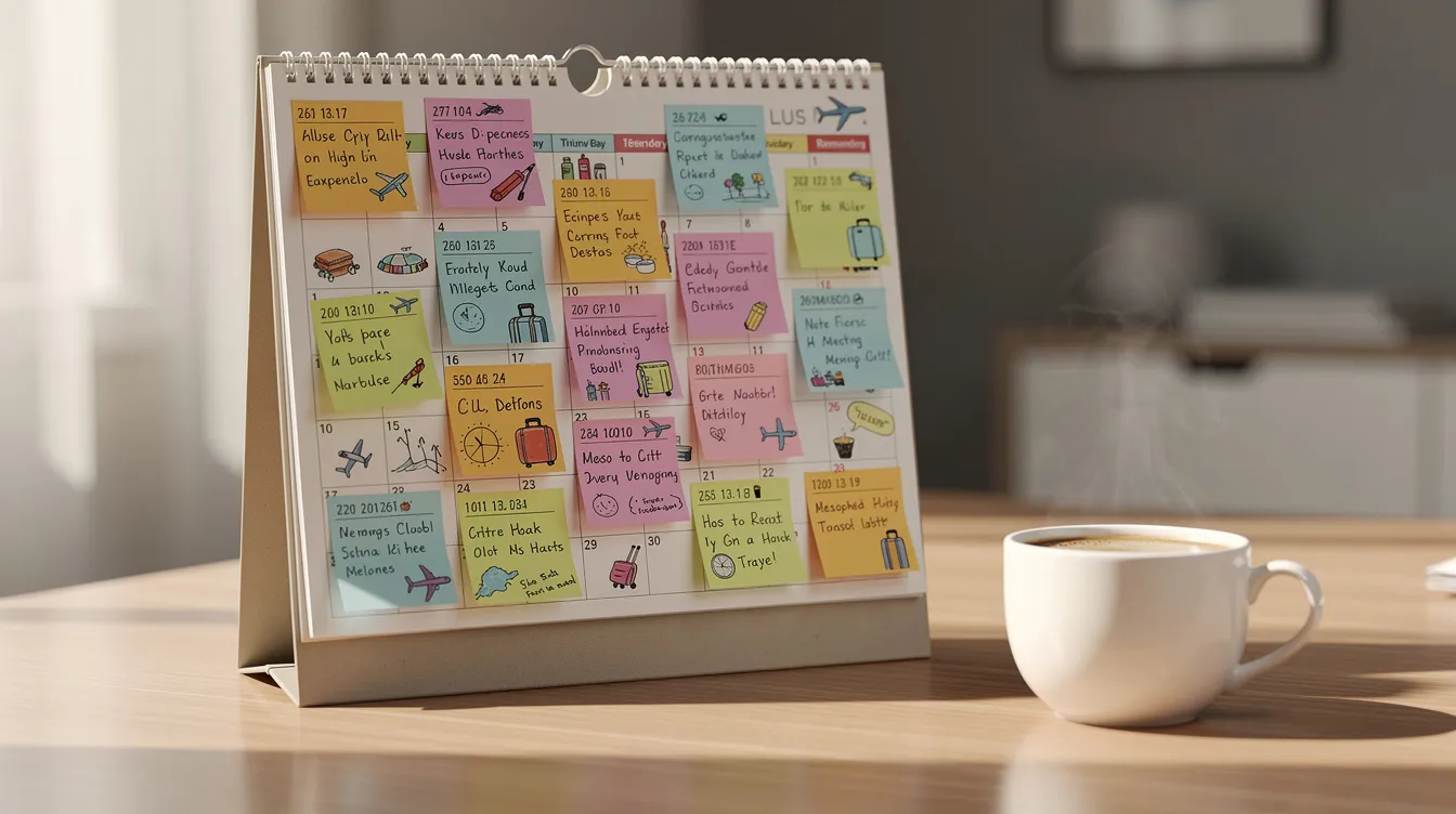 The image features a calendar filled with colorful sticky notes for travel planning, accompanied by a steaming coffee cup, symbolizing the organization and excitement of upcoming trips. This setup reflects the meticulous nature of an air charter broker's work, ensuring all details are in order for a smooth aircraft charter experience.
