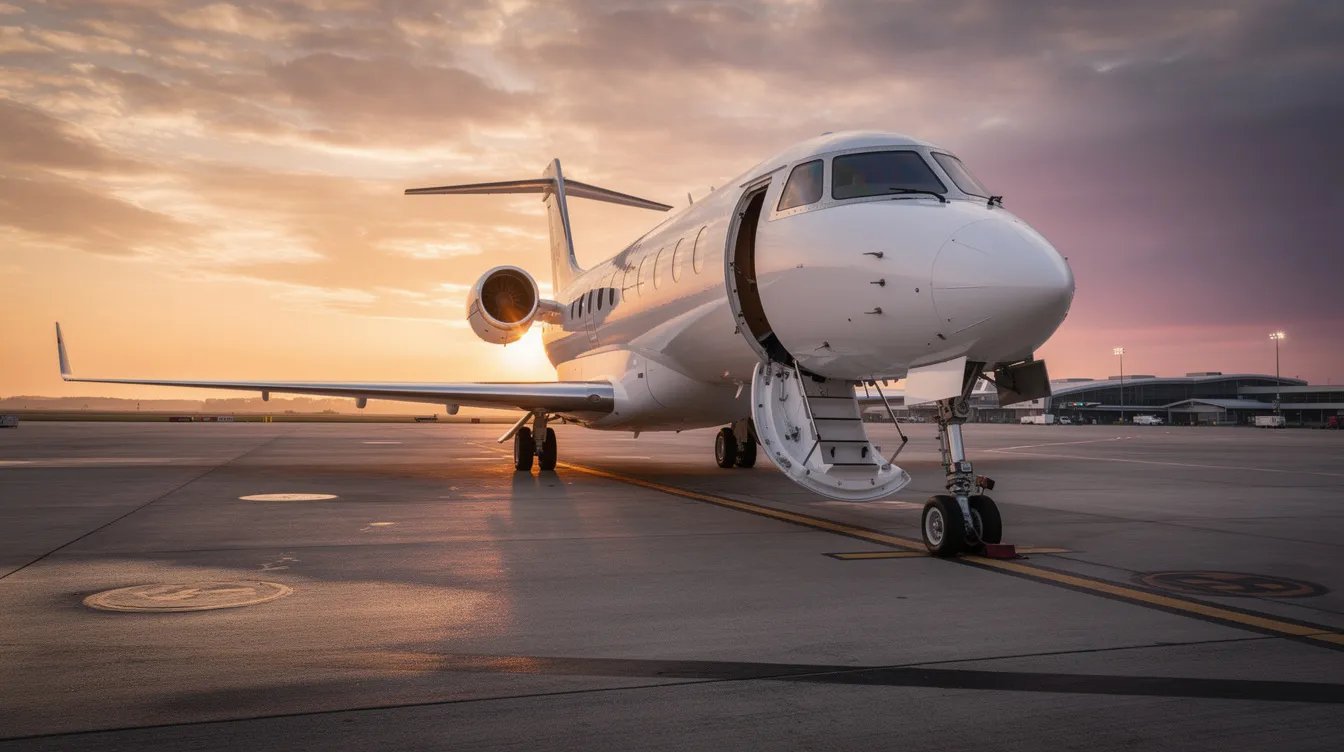 A private jet is parked on the tarmac at sunset, with its boarding stairs extended, creating a serene and inviting atmosphere for air transportation. This scene highlights the luxury of aircraft charter services, perfect for corporate air travel or personal trips.
