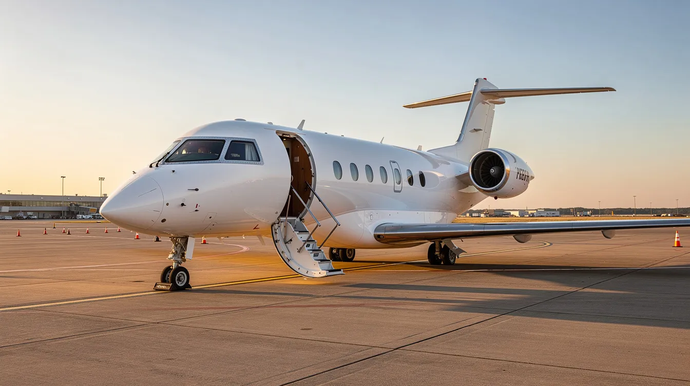 A sleek private jet is parked on the airport tarmac, with its stairs extended, inviting passengers for private jet travel. This image captures the essence of luxury and convenience associated with charter flights and private jet charter services.