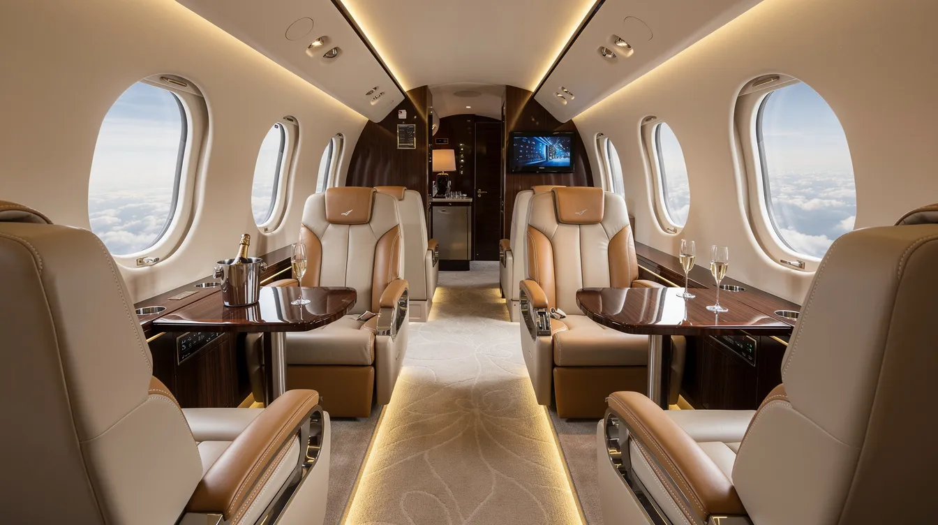 The image showcases a luxurious private jet interior featuring plush leather seats, elegant lighting, and high-end finishes, emphasizing the comfort and exclusivity of private jet travel. This setting highlights the appeal of private jet charter services for those seeking a premium flying experience.