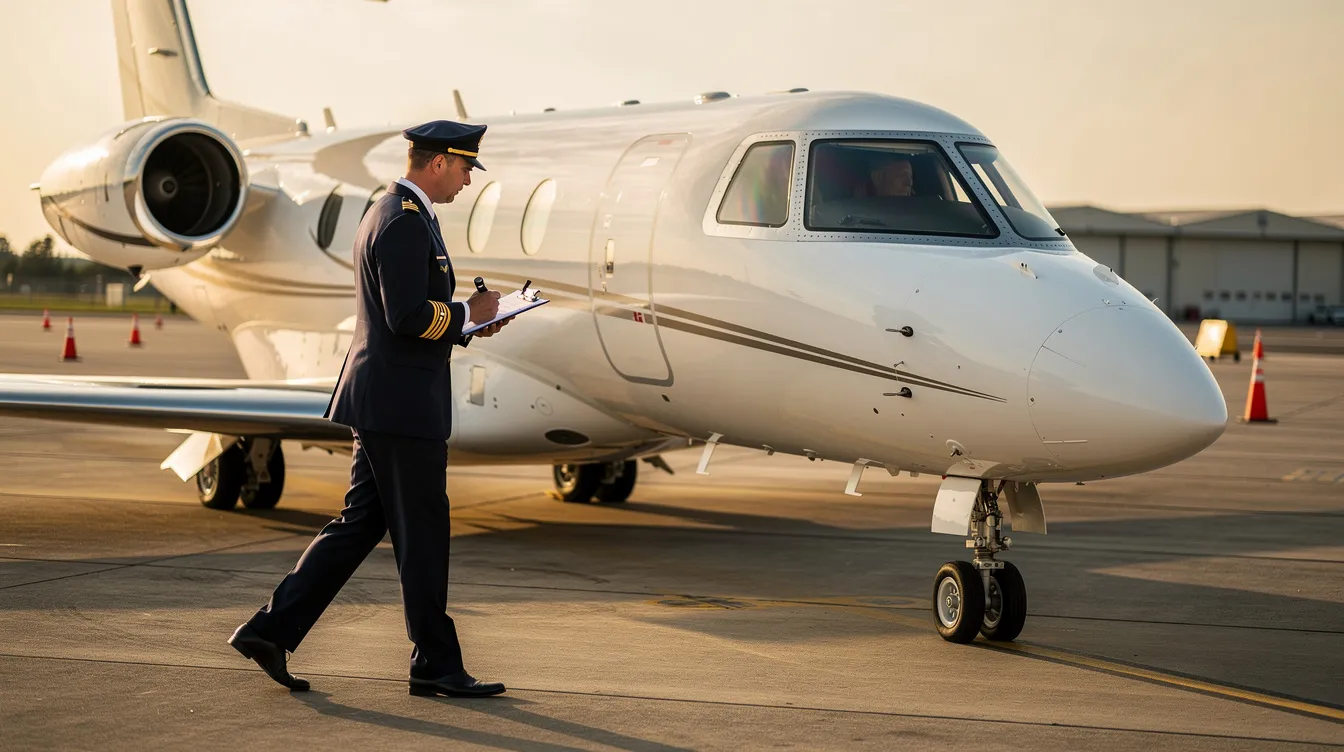 A pilot is conducting a pre-flight inspection while walking around a private jet, ensuring that all operational aspects are safe and ready for departure. This meticulous check is essential for private flights, helping to avoid delays and ensure a smooth journey for private flyers.
