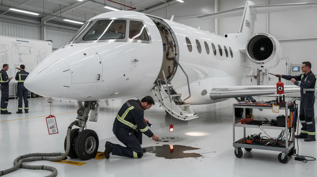 The image depicts a private jet undergoing maintenance, highlighting potential issues that could lead to flight delays or cancellations. Tools and technicians are visible, emphasizing the importance of aircraft upkeep in the private aviation sector to ensure safe and timely private flights.