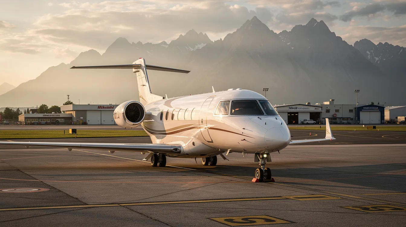 A sleek private jet is parked on the tarmac of a small regional airport, with majestic mountains rising in the background, highlighting the allure of private aviation and the convenience of private jet travel. This scene captures the essence of luxury and exclusivity associated with private jet charter services.