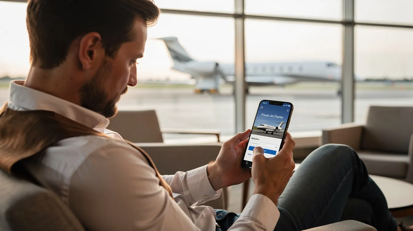 A potential customer is focused on his phone, searching for private jet booking platforms to arrange a private aviation experience. He is exploring various options for private jet charters, looking to make informed decisions about flight details and aircraft availability for his next trip.