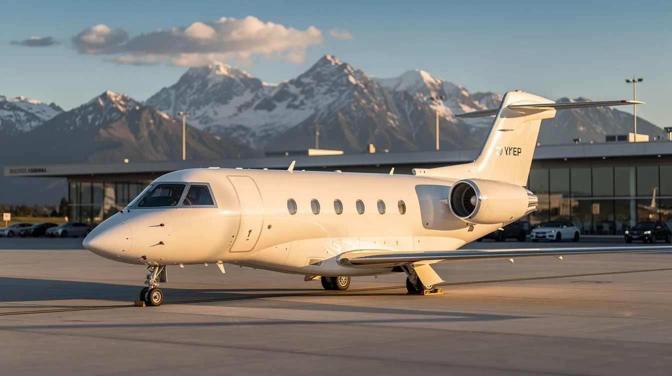 A sleek white private jet is parked on a tarmac at a private aviation terminal, with picturesque mountains in the background, showcasing the luxury and convenience of private jet travel. This image highlights the appeal of private jets, offering spacious cabins and luxurious amenities for an exclusive flying experience.