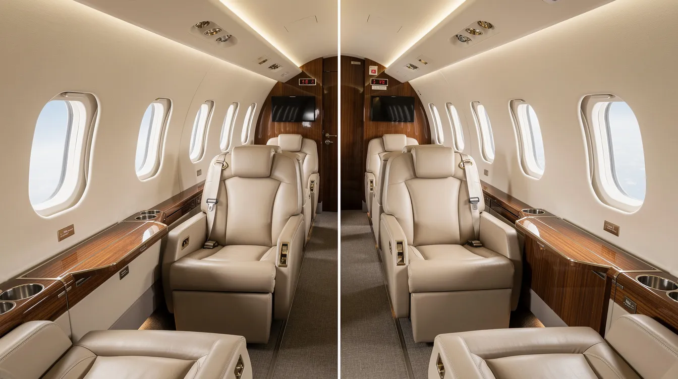 The image displays a side-by-side comparison of two private jet cabins: on the left, a compact light jet cabin featuring sleek leather seats, and on the right, a spacious heavy jet cabin with luxurious amenities and ample room for passengers. This visual highlights the differences in cabin space and comfort offered by various types of private jets, catering to different travel needs.