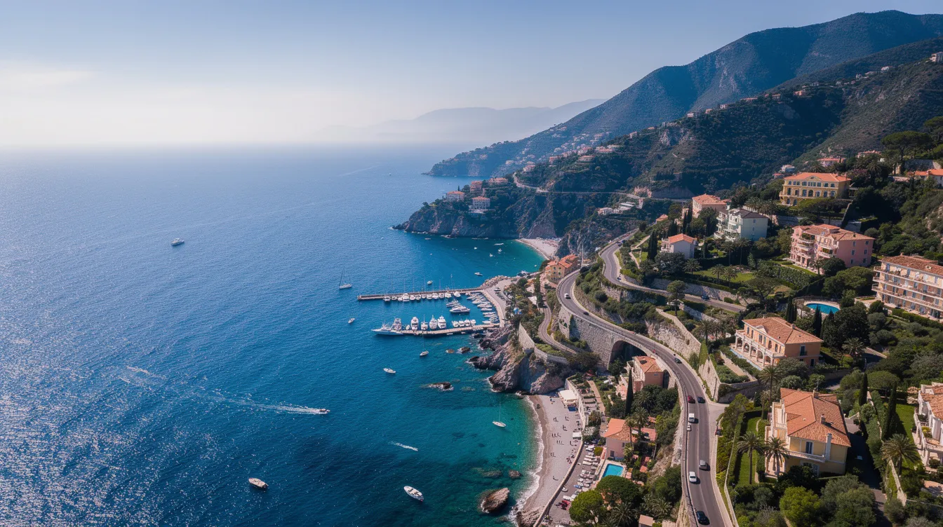An aerial view of the French Riviera showcases the stunning coastline with its azure waters and luxurious hillside villas, perfect for private jet travel. The scene highlights the beauty of this popular destination, often accessed by private aircraft for a more exclusive getaway.