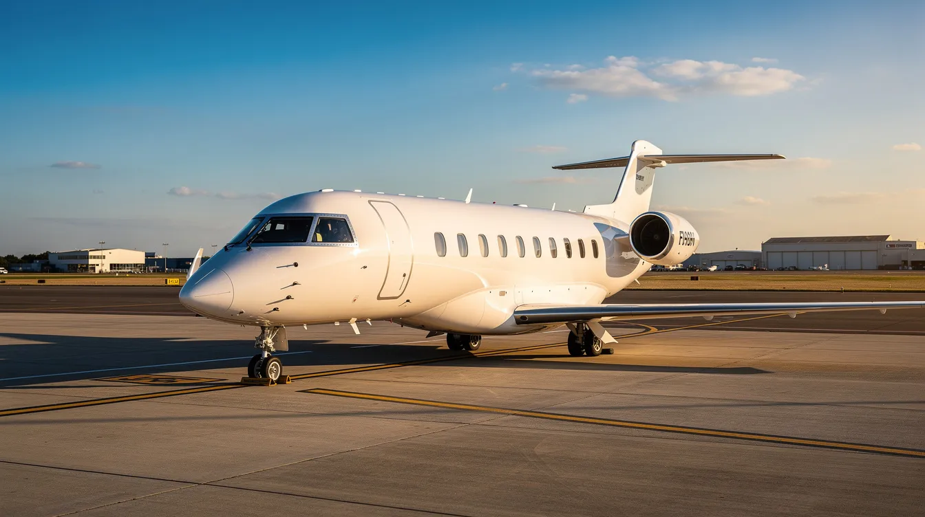 A sleek white private jet is parked on a sunny airport tarmac, highlighting the luxury of private aviation. This image represents the convenience of private jet travel, often associated with jet card programs that offer guaranteed access and fixed hourly rates for private jet flights.