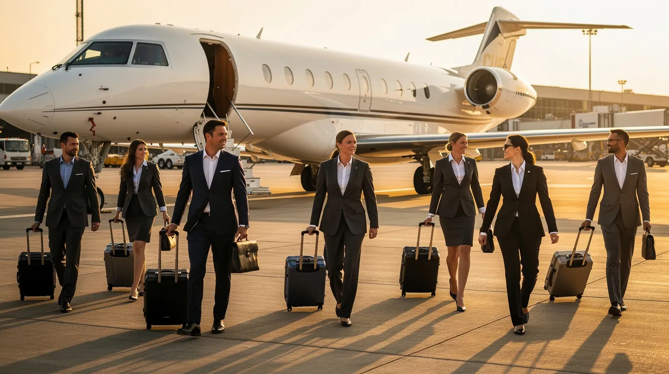 A group of business travelers in tailored suits are walking towards a private jet on the airport apron, ready for their private jet flight. This scene captures the essence of private aviation, highlighting the convenience and luxury that private jet card programs offer to frequent flyers.