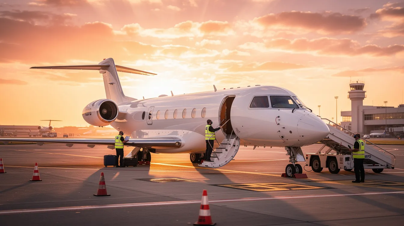 A private jet is parked on the tarmac at sunset, with a ground crew preparing for departure, highlighting the luxury and convenience of private aviation. The scene captures the essence of private air travel, showcasing the personalized service and efficient operations associated with jet card programs.