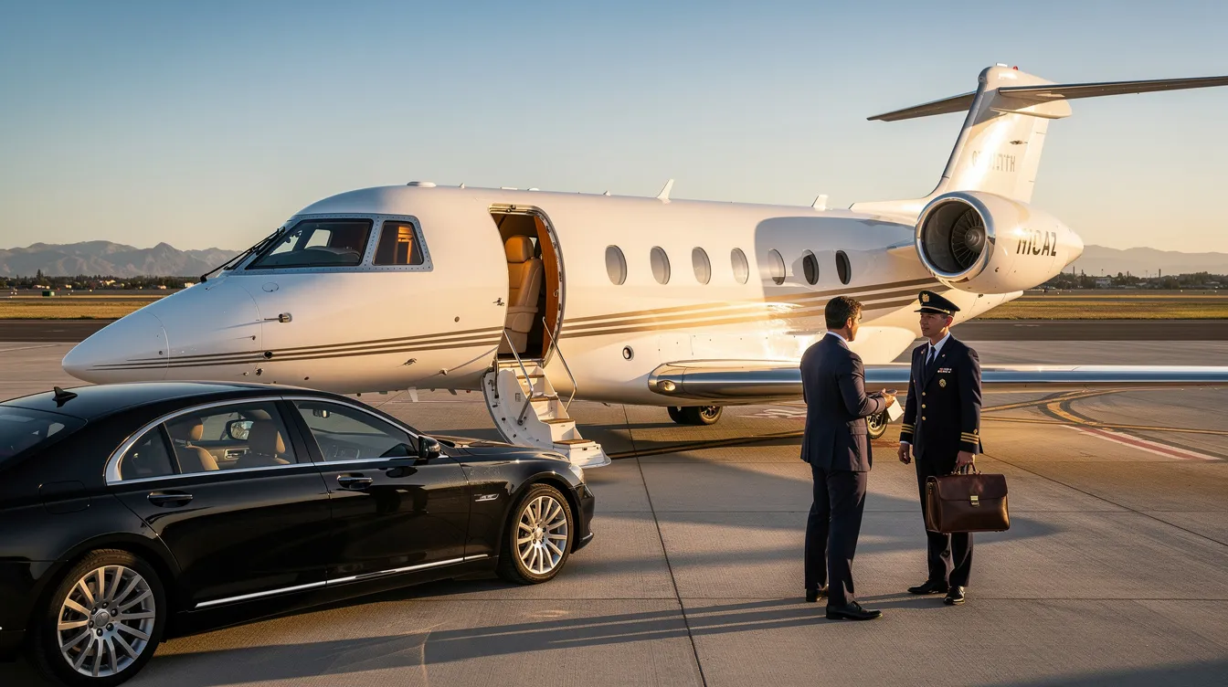 An image depicting a sleek private jet on a runway symbolizes the luxury of private aviation, highlighting the convenience and personalized service of private flights. The scene emphasizes the extensive fleet available to jet card holders, showcasing options for various travel needs and preferences.