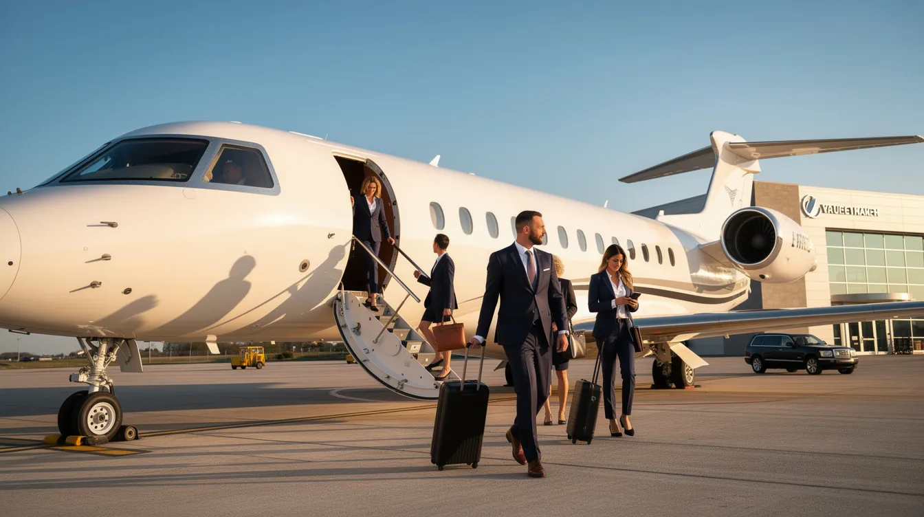 A group of business travelers dressed in formal suits is boarding a sleek private jet under a clear blue sky, showcasing the luxurious experience of private aviation. This scene emphasizes the convenience of jet card programs, which offer guaranteed aircraft availability for on-demand charter flights, making travel plans seamless for frequent flyers.