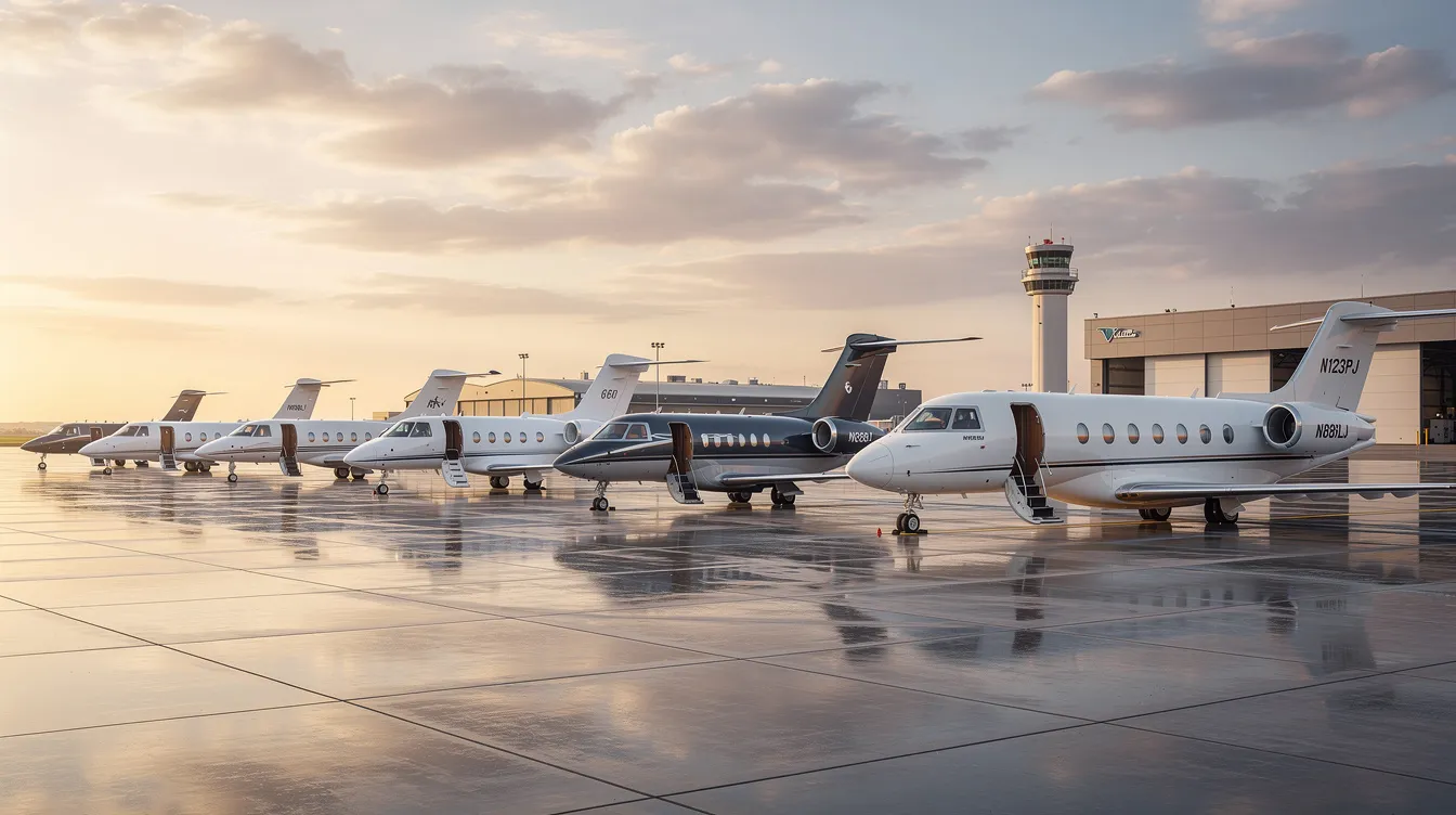 The image showcases a variety of private jets, including light jets and heavy jets, emphasizing the diverse options available in private aviation. It highlights the benefits of jet card programs, such as guaranteed aircraft availability and cost-effective charter flights, catering to the needs of frequent flyers and business travel.