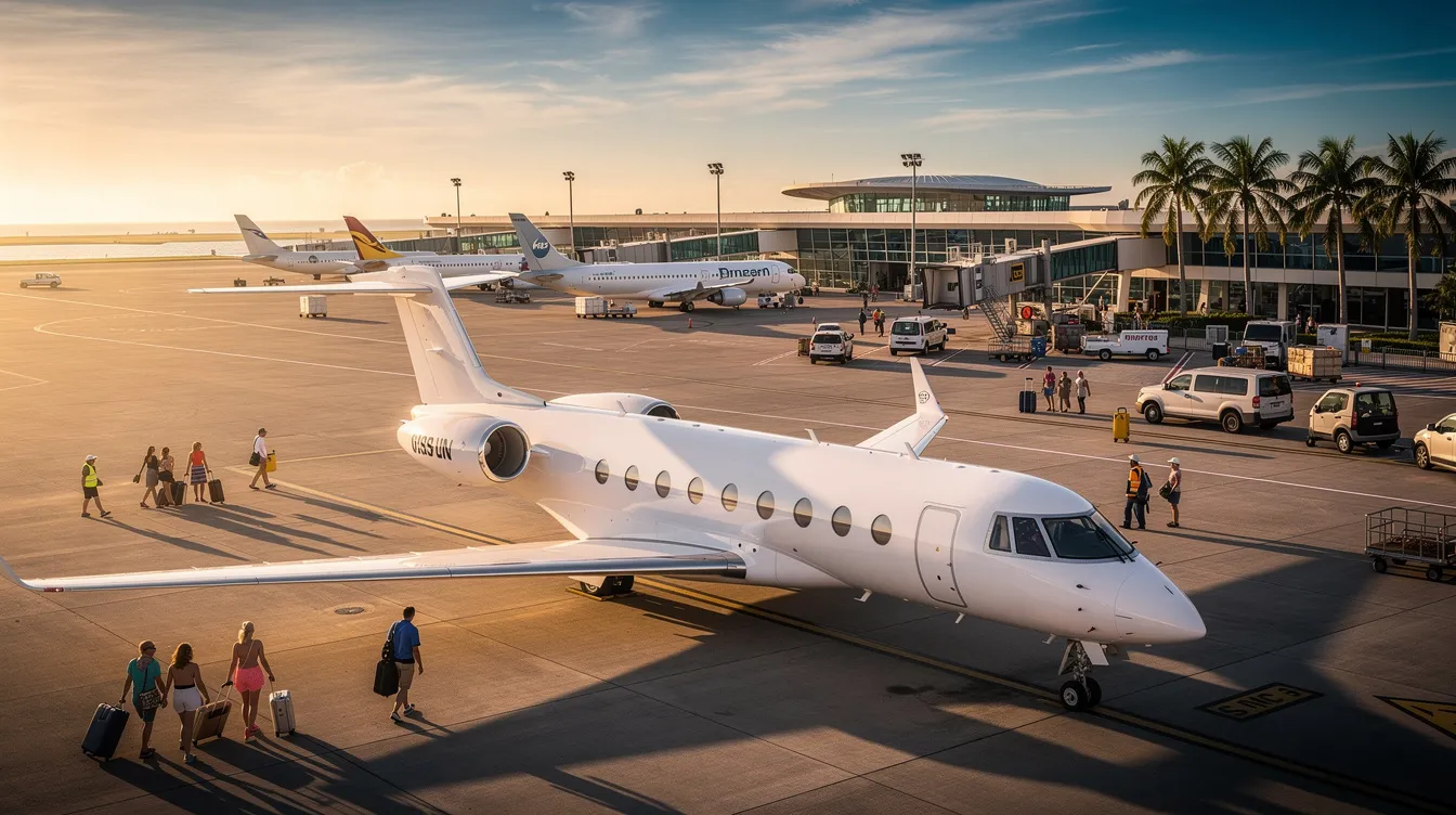A sleek private jet is parked on the tarmac, ready for takeoff during peak travel days, highlighting the high demand for private aviation during major holidays like Presidents Day and Thanksgiving. This image captures the essence of luxury travel, emphasizing the importance of advance notice and booking requirements for jet card holders seeking guaranteed access during busy periods.