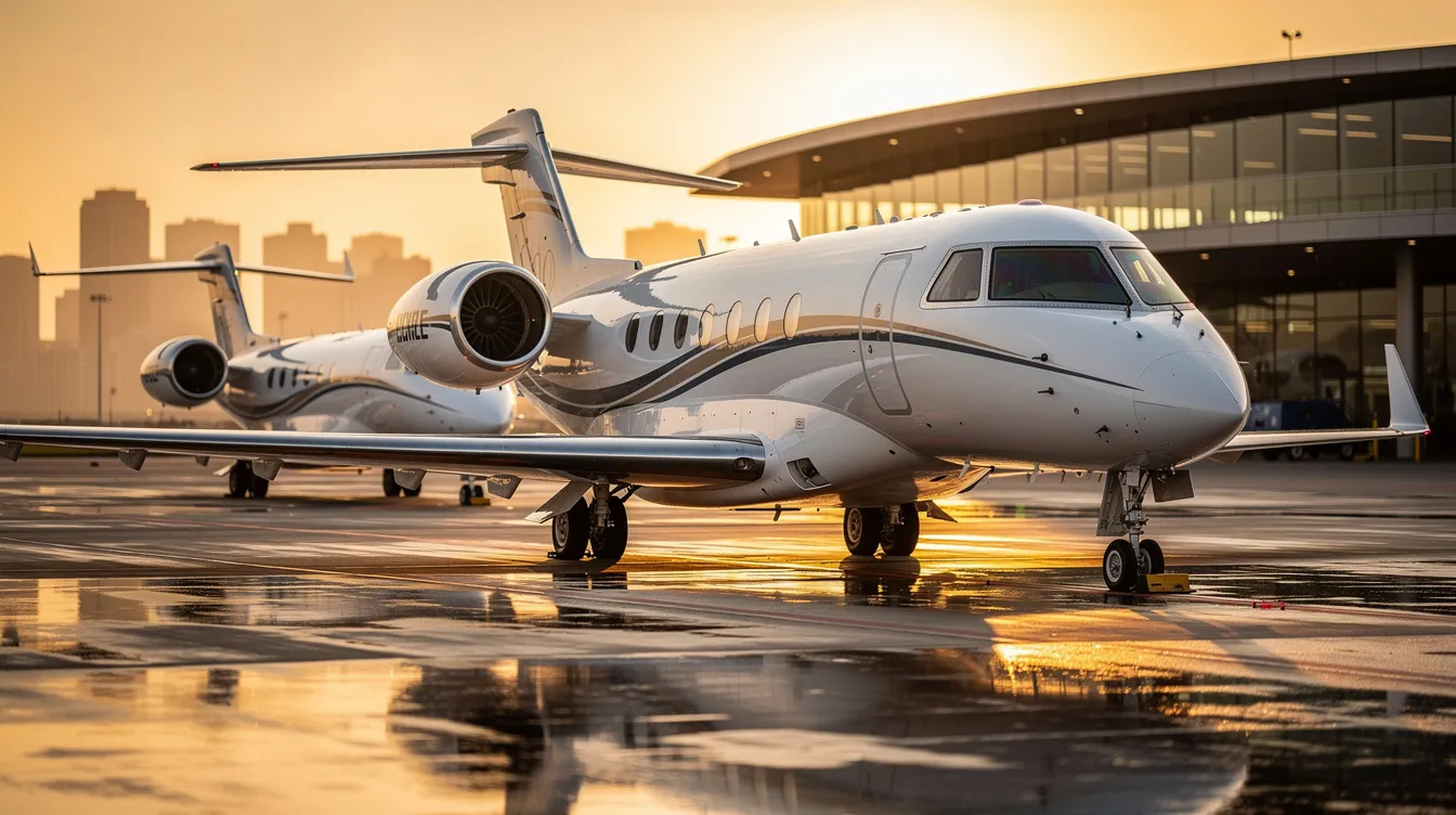 The image depicts a lineup of luxurious private jets on a well-manicured tarmac, showcasing the diverse fleet available for private jet travel. These aircraft symbolize the premium service offered by jet card providers, ensuring guaranteed access and personalized service for discerning travelers.