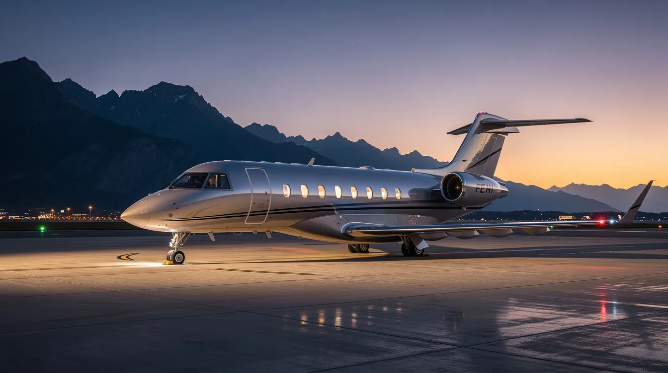 A private jet is parked on a tarmac at dusk, with serene mountains silhouetted in the background. This scene captures the essence of private aviation, showcasing the luxurious travel options available to discerning travelers.