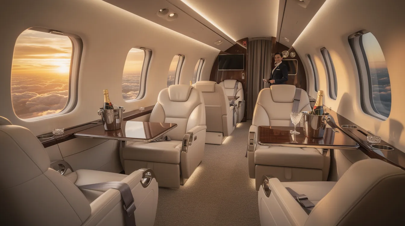 The image depicts a luxurious private jet, showcasing its sleek design and spacious interior, ideal for personalized service and private air travel. This aircraft represents the best in private aviation, offering guaranteed availability and a seamless experience for travelers seeking comfort and exclusivity.