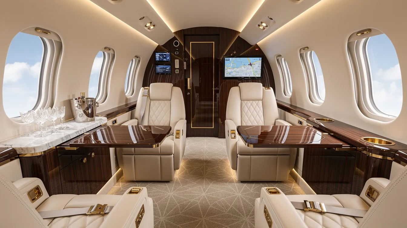 The image showcases a luxurious interior of a private jet, featuring plush leather seating, elegant wood finishes, and ambient lighting, designed for an exclusive travel experience. This opulent space reflects the high standards of private aviation, catering to personalized service and comfort for discerning travelers.